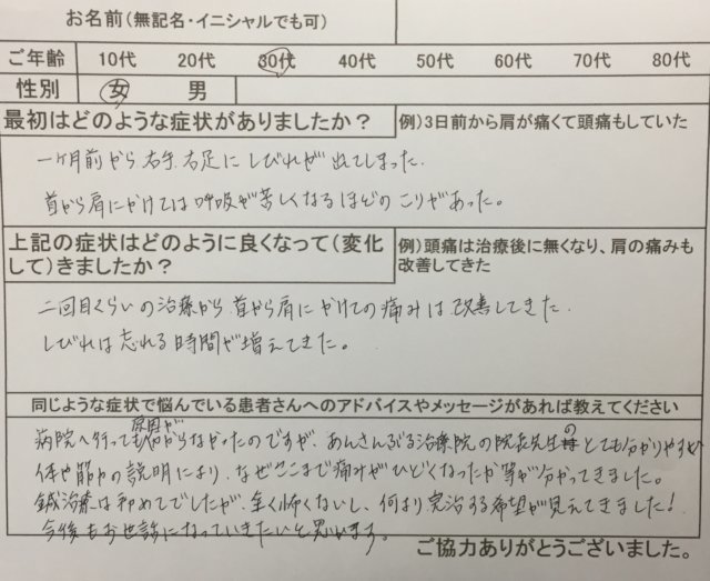 右腕のしびれ胸痛、右足しびれ【MRIで原因不明】鍼灸で改善