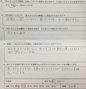 急に右手首の痛みがあり日曜日に来院して整体治療で改善した30代女性