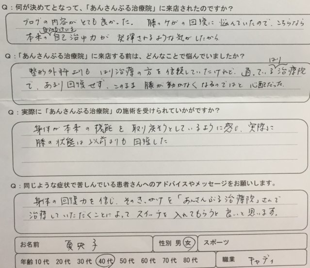 左膝前十字靭帯断裂、半月板損傷により膝の屈伸制限があり整体鍼灸で回復した40代女性の1症例