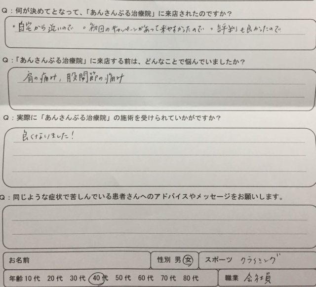 痛みが10段階中8レベルの左肩の痛みが一度の整体で改善した40代女性の一症例