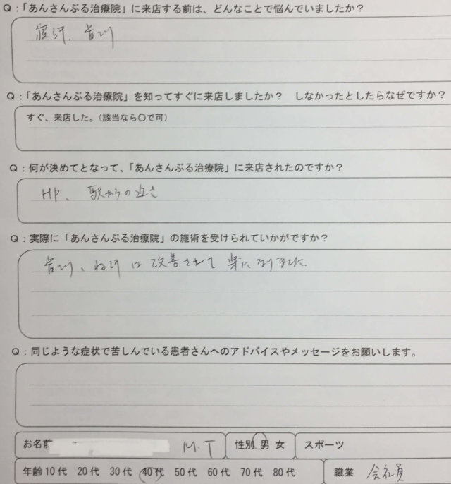 寝汗と首こり、全身の疲れ、気分の落ち込みに悩む40代男性鍼灸治療で楽になった一症例