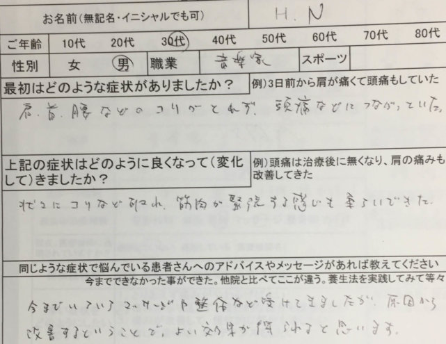 首肩腰の張りやコリ【音楽家】慢性的な辛さや緊張がやわらいだ1症例