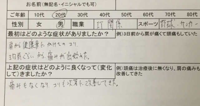 3日前から肩から肩甲骨が凝って痛い【20代男性】整体治療で改善した1症例