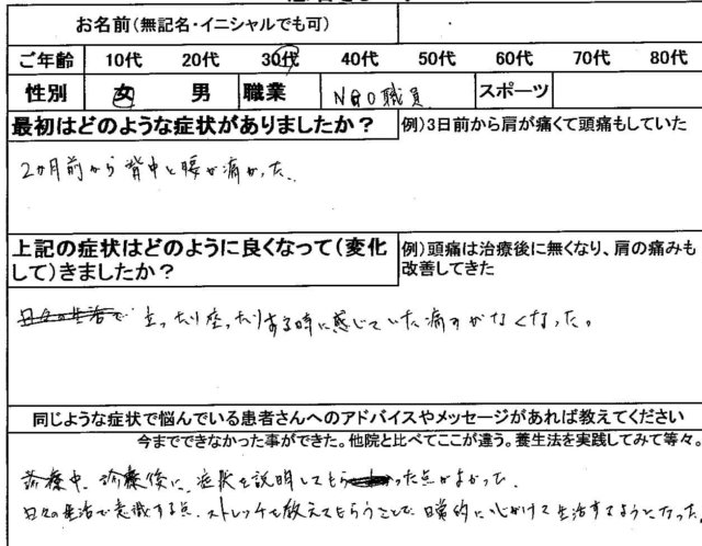 2ヶ月間背中と腰が痛い【腰の反りすぎが原因】2回の整体治療で改善