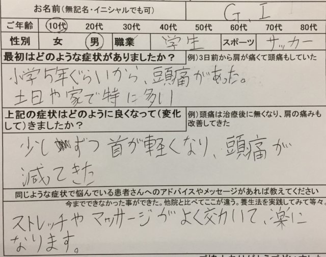 頭痛に悩む中学生男子【小学5年から】薬が効かない症状が改善した1症例