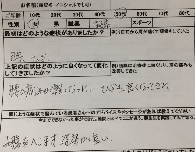 腰と左膝が痛い【50代主婦】の整体治療の1症例