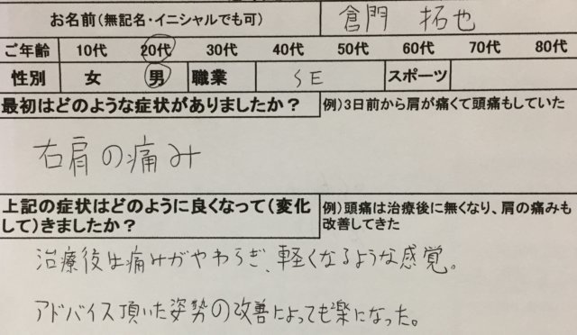 3週間前から右肩が痛い【SE20代男性】の鍼灸治療1症例