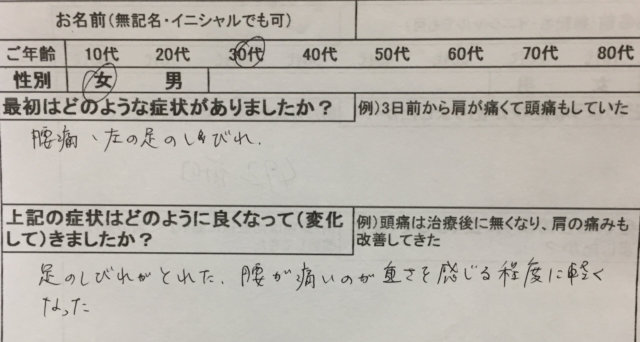 左足のしびれと腰痛【立ち仕事で腰痛、Dワークでしびれ】30代女性