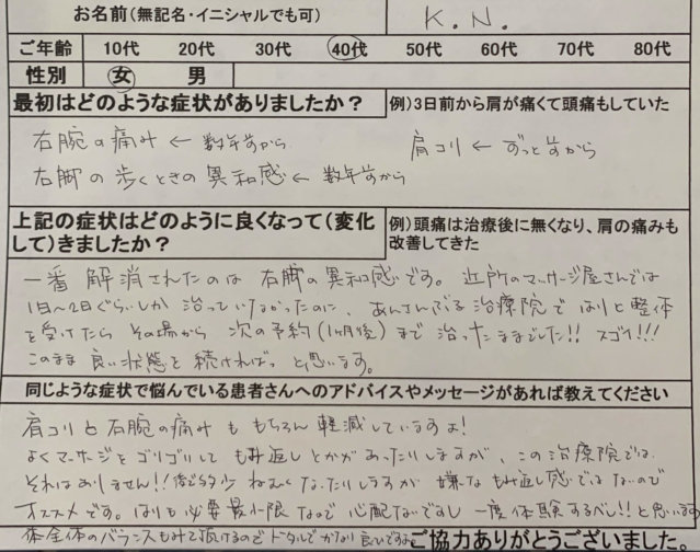 右腕のしびれと痛み【名古屋から月一来院】40代女性の1症例