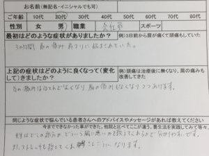 3ヶ月間首の痛み・肩こりに悩む【20代男性】整体鍼灸治療でよくなった