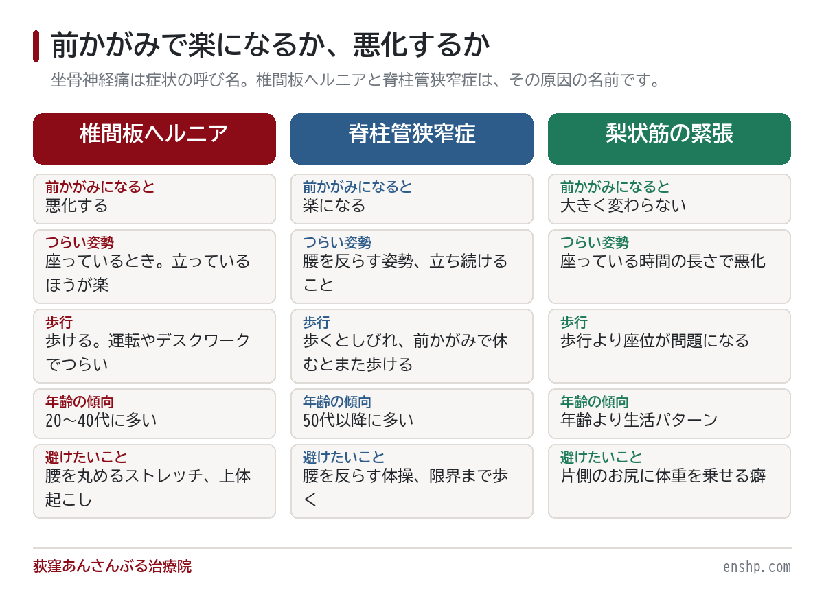 坐骨神経痛・椎間板ヘルニア・脊柱管狭窄症の違い｜同じしびれでも原因が違います